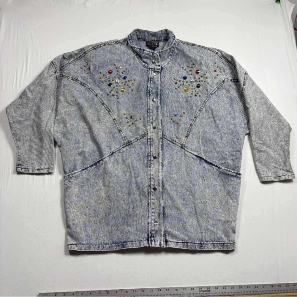 Vintage Hollywood Stars Women Acid Wash Denim Jacket Rhinestone Studded 3XL